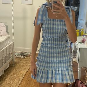 Gingham smocked tie shoulder mini dress